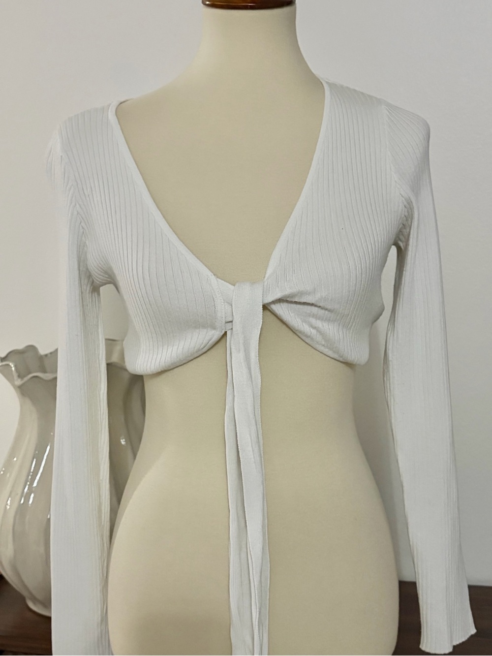 Tie-Front Ribbed Cropped Shrug — White
